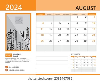 Calendario planificador 2024 y conjunto de 12 meses, plantilla de agosto de 2024, inicio de semana el domingo, calendario de escritorio diseño 2024, diseño simple y limpio, calendario de pared, planificación de diseño corporativo, fondo naranja