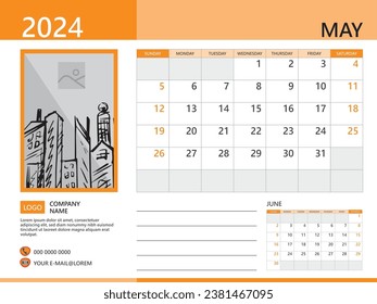 Calendar planner 2024 and Set of 12 Months, May 2024 template, week start on Sunday, Desk calendar 2024 design, simple and clean design, Wall calendar, Corporate design planner, orange background