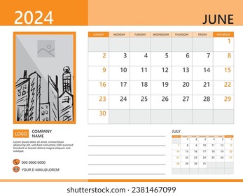 Calendar planner 2024 and Set of 12 Months, June 2024 template, week start on Sunday, Desk calendar 2024 design, simple and clean design, Wall calendar, Corporate design planner, orange background