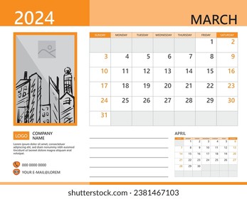 Calendar planner 2024 and Set of 12 Months, March 2024 template, week start on Sunday, Desk calendar 2024 design, simple and clean design, Wall calendar, Corporate design planner, orange background