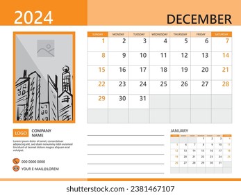 Calendar planner 2024 and Set of 12 Months, December 2024 template, week start on Sunday, Desk calendar 2024 design, simple and clean design, Wall calendar, Corporate design planner, orange background