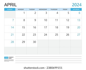 Plantilla de calendario 2024 - Abril de 2024 año, semana de inicio el domingo, calendario de presentación 2024 diseño, diseño simple y limpio, calendario de pared, planilla de diseño corporativo vector