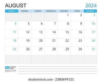 Calendar planner 2024 template- August 2024 year, week start on Sunday, Desk calendar 2024 design, simple and clean design, Wall calendar, Corporate design planner template vector