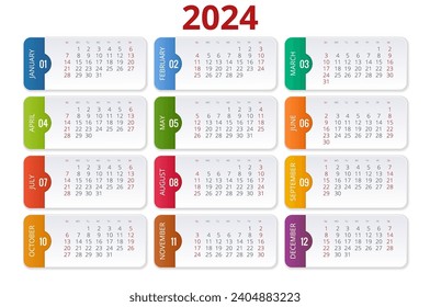 Calendar Planner for 2024. Calendar template for 2024. Corporate and business calendar. Stationery Design Print Template. Week Starts on Sunday.