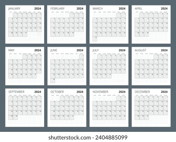 Calendar Planner for 2024. Calendar template for 2024. Corporate and business calendar 24. Stationery Design Print Template. Week Starts on Sunday.