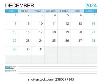 Calendar planner 2024 template- December 2024 year, week start on Sunday, Desk calendar 2024 design, simple and clean design, Wall calendar, Corporate design planner template vector