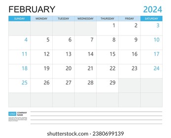 Calendar planner 2024 template- February 2024 year, week start on Sunday, Desk calendar 2024 design, simple and clean design, Wall calendar, Corporate design planner template vector