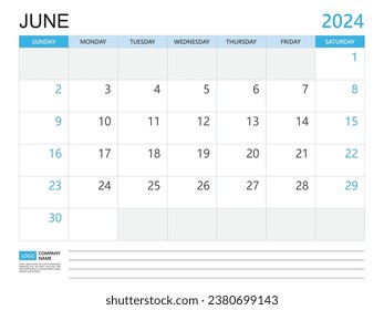 Calendar planner 2024 template- June 2024 year, week start on Sunday, Desk calendar 2024 design, simple and clean design, Wall calendar, Corporate design planner template vector