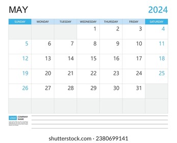 Calendar planner 2024 template- May 2024 year, week start on Sunday, Desk calendar 2024 design, simple and clean design, Wall calendar, Corporate design planner template vector