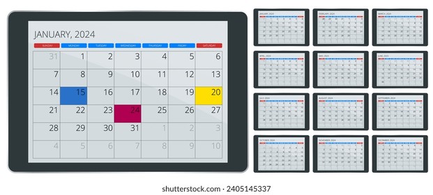 Calendar planner for 2024. Calendar template for 2024. Stationery Design Print Templat