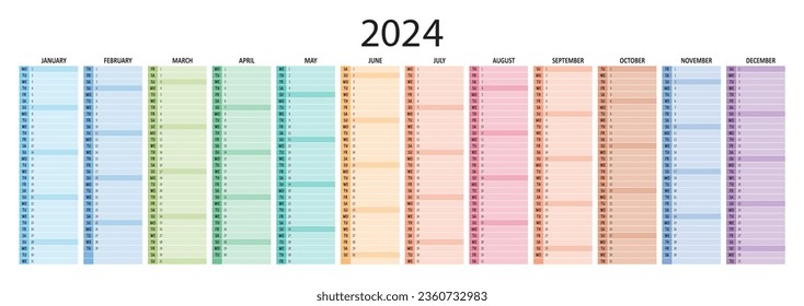 Calendar planner 2024 vector schedule month calender, organizer template. Business personal page. Modern simple illustration