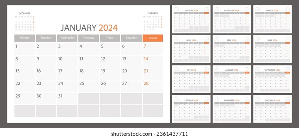 Calendar planner 2024 vector schedule month calender, organizer template. Week starts on Monday. Business personal page. Modern simple illustration