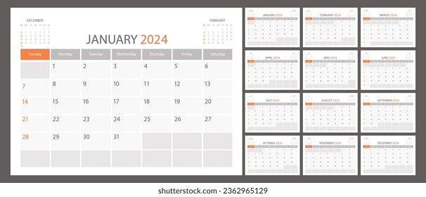 Calendar planner 2024 vector schedule month calender,  organizer template. Week starts on Sunday. Business personal page. Modern simple illustration