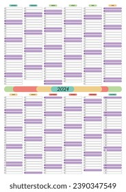 Calendar planner for 2024 in vertical format with the ability to record for 12 months. The size is proportional for printing. Vector