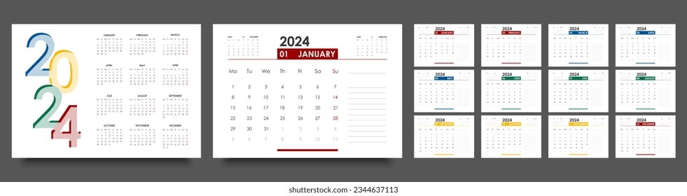 Calendar, planner 2024 year. Desk or wall calendar template, landscape orientation, English language. The week starts on Monday. 