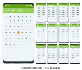 Planificador del calendario para 2024. Calendario para 2024 año. Smartphone con calendario, planes de un mes. Diseñar plantilla de impresión. Conjunto de 12 páginas de calendario.