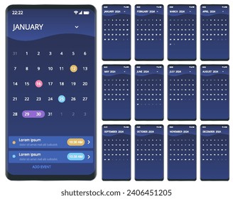 Calendar planner for 2024. Calendar for 2024 year. Smartphone with a calendar, one month plans. Design print template. Set of 12 calendar pages.