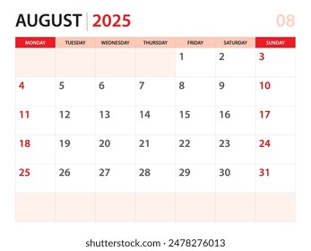 Calendar planner 2025 - August 2025 template, week start on Monday, Desk calendar 2025 year, simple and clean design, Wall calendar design, Corporate design planner template, red background