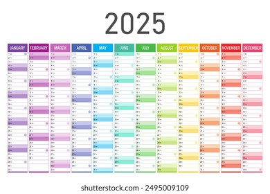 Kalenderplaner für 2025. Bunter Wandkalender in englischer Sprache auf weißem Hintergrund. Vektorgrafik Vorlage