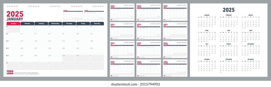 Calendar Planner 2025 em inglês. Início da semana Domingo, modelo de planejador de design corporativo.