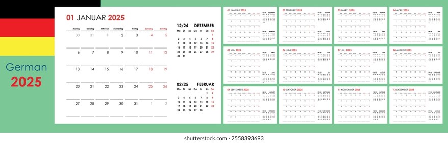 Calendar planner 2025 in German, 12 cards, annual organizer
