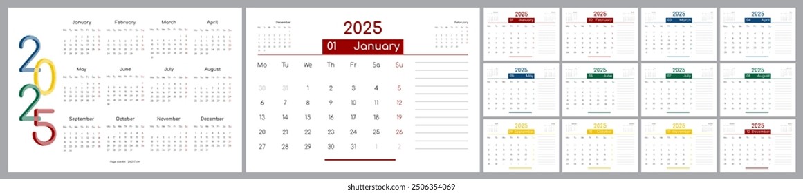 Calendar, planner for 2025. Horizontal, set of 12 pages and covers, A4, English.