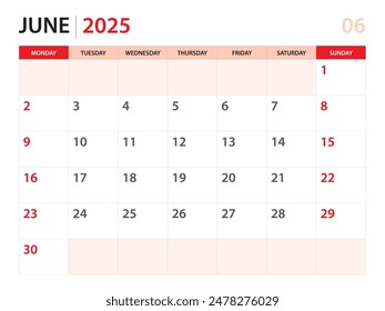 Calendario planificador 2025 - junio 2025 Plantilla, inicio de la semana el lunes, calendario de escritorio 2025 año, diseño simple y limpio, diseño de calendario de pared, Plantilla planificador de diseño Corporativa, fondo rojo