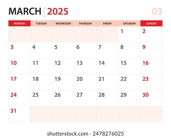 Calendar planner 2025 - March 2025 template, week start on Monday, Desk calendar 2025 year, simple and clean design, Wall calendar design, Corporate design planner template, red background
