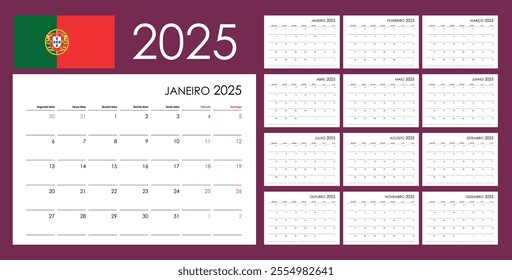 Calendar planner 2025 in Portuguese. Annual 12 boards grid organizer with blank copy space for notes