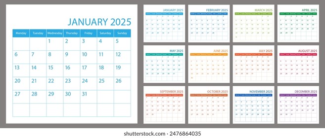 Calendar planner 2025, schedule month calender, organizer template. Week starts on Monday. Business personal page. Modern simple vector illustration