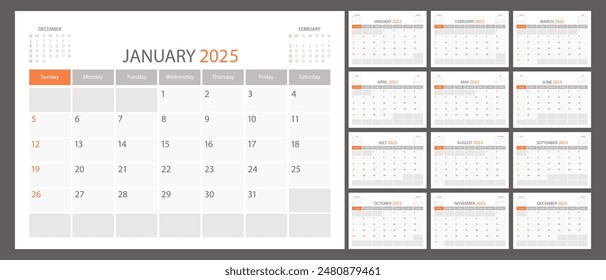 Calendar planner 2025 schedule month calender,  organizer template. Week starts on Sunday. Business personal page. Modern simple vector illustration