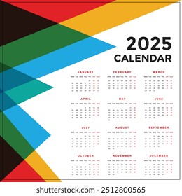 Calendar planner 2025, schedule month calendar, organizer template. Week starts on Sunday. Business personal page. Modern simple vector illustration design.
