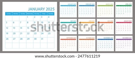 Calendar planner 2025, schedule month calender, organizer template. Week starts on Sunday. Business personal page. Modern simple vector illustration