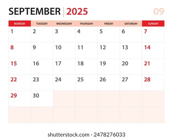 Calendar planner 2025 - September 2025 template, week start on Monday, Desk calendar 2025 year, simple and clean design, Wall calendar design, Corporate design planner template, red background