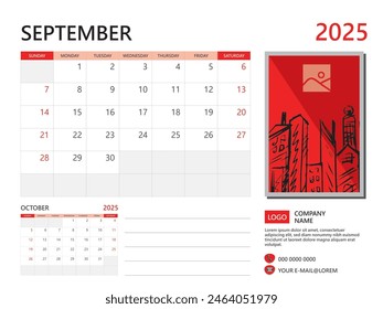Calendar planner 2025 and Set of 12 Months, September 2025 template, week start on Sunday, Desk calendar 2025 design, simple and clean design, Wall calendar, Corporate design planner template vector