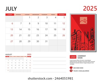 Calendar planner 2025 and Set of 12 Months, July 2025 template, week start on Sunday, Desk calendar 2025 design, simple and clean design, Wall calendar, Corporate design planner template vector