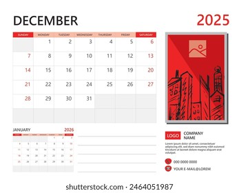 Calendar planner 2025 and Set of 12 Months, December 2025 template, week start on Sunday, Desk calendar 2025 design, simple and clean design, Wall calendar, Corporate design planner template vector