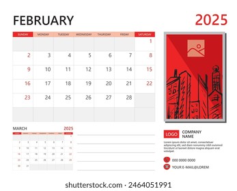 Calendar planner 2025 and Set of 12 Months, February 2025 template, week start on Sunday, Desk calendar 2025 design, simple and clean design, Wall calendar, Corporate design planner template vector
