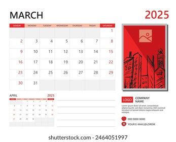 Calendario planificador 2025 y Set de 12 Meses, Plantilla de marzo de 2025, inicio de la semana el domingo, Calendario de escritorio 2025 diseño, diseño simple y limpio, Calendario de pared, Vector de Plantilla del planificador de diseño Corporativa