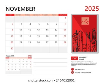 Calendar planner 2025 and Set of 12 Months, November 2025 template, week start on Sunday, Desk calendar 2025 design, simple and clean design, Wall calendar, Corporate design planner template vector