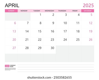 Calendar planner 2025 template- April 2025 year, week start on Sunday, Desk calendar 2025 design, simple and clean design, Wall calendar, Corporate design planner template vector