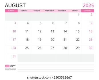 Calendar planner 2025 template- August 2025 year, week start on Sunday, Desk calendar 2025 design, simple and clean design, Wall calendar, Corporate design planner template vector