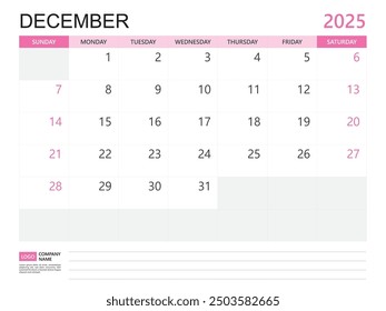 Calendar planner 2025 template- December 2025 year, week start on Sunday, Desk calendar 2025 design, simple and clean design, Wall calendar, Corporate design planner template vector