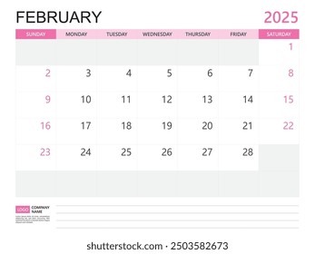 Calendar planner 2025 template- February 2025 year, week start on Sunday, Desk calendar 2025 design, simple and clean design, Wall calendar, Corporate design planner template vector