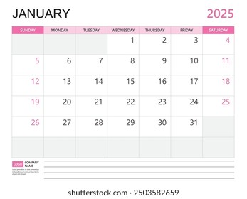 Calendar planner 2025 template- January 2025 year, week start on Sunday, Desk calendar 2025 design, simple and clean design, Wall calendar, Corporate design planner template vector