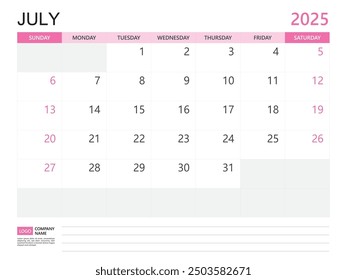 Calendar planner 2025 template- July 2025 year, week start on Sunday, Desk calendar 2025 design, simple and clean design, Wall calendar, Corporate design planner template vector