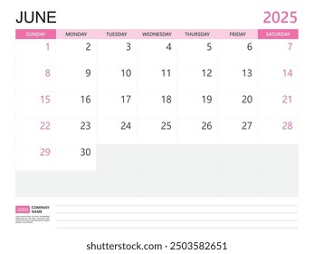 Calendar planner 2025 template- June 2025 year, week start on Sunday, Desk calendar 2025 design, simple and clean design, Wall calendar, Corporate design planner template vector