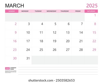 Calendar planner 2025 template- March 2025 year, week start on Sunday, Desk calendar 2025 design, simple and clean design, Wall calendar, Corporate design planner template vector