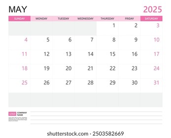 Calendar planner 2025 template- May 2025 year, week start on Sunday, Desk calendar 2025 design, simple and clean design, Wall calendar, Corporate design planner template vector