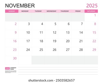 Calendar planner 2025 template- November 2025 year, week start on Sunday, Desk calendar 2025 design, simple and clean design, Wall calendar, Corporate design planner template vector